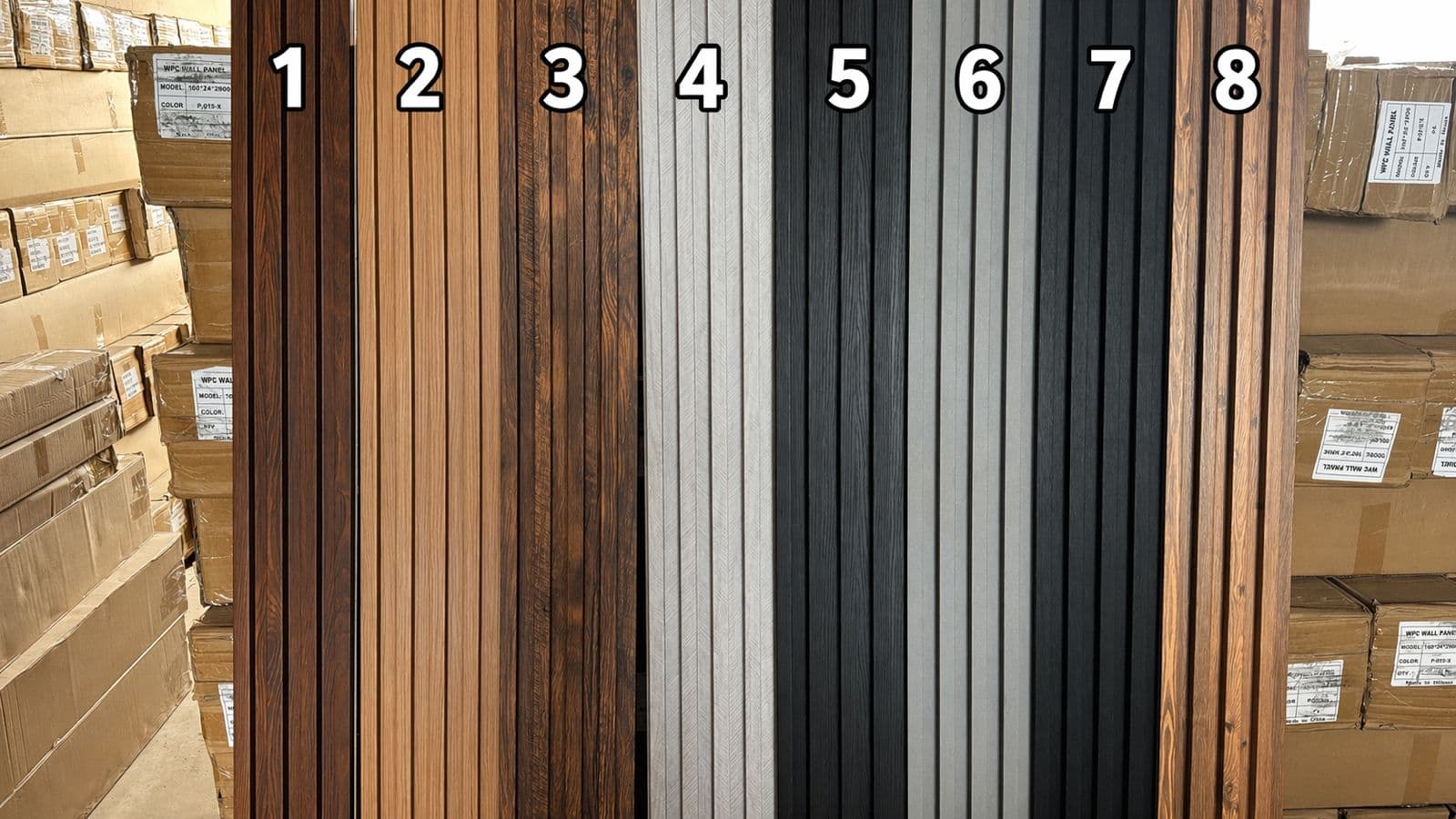 Paleta de 8 cores de ripados WPC — tons de madeira, cinza e preto